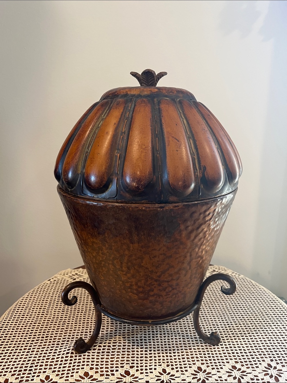 Tall Metal Hammered Dome Lidded Storage Bin Iron Stand -Fireside/ Centerpiece